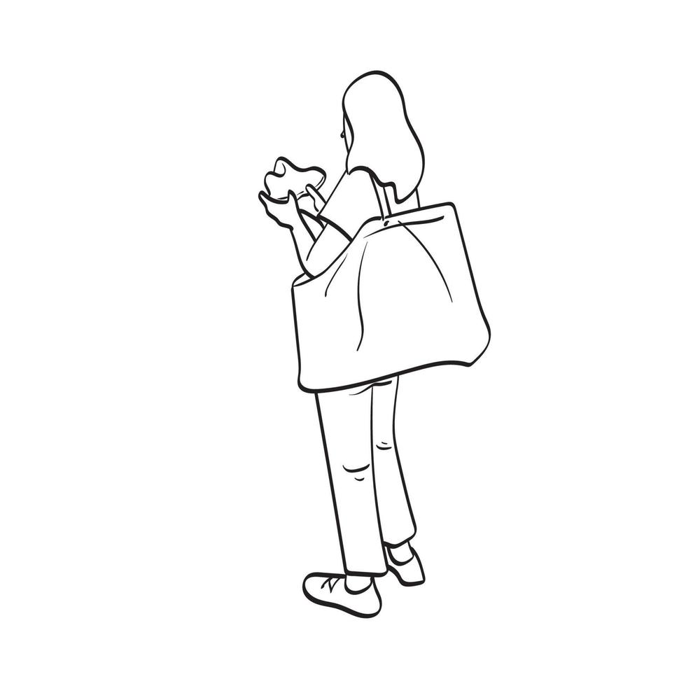 dessin au trait vue arrière de jeunes femmes faisant du shopping dans un magasin de chaussures illustration vecteur dessiné à la main isolé sur fond blanc