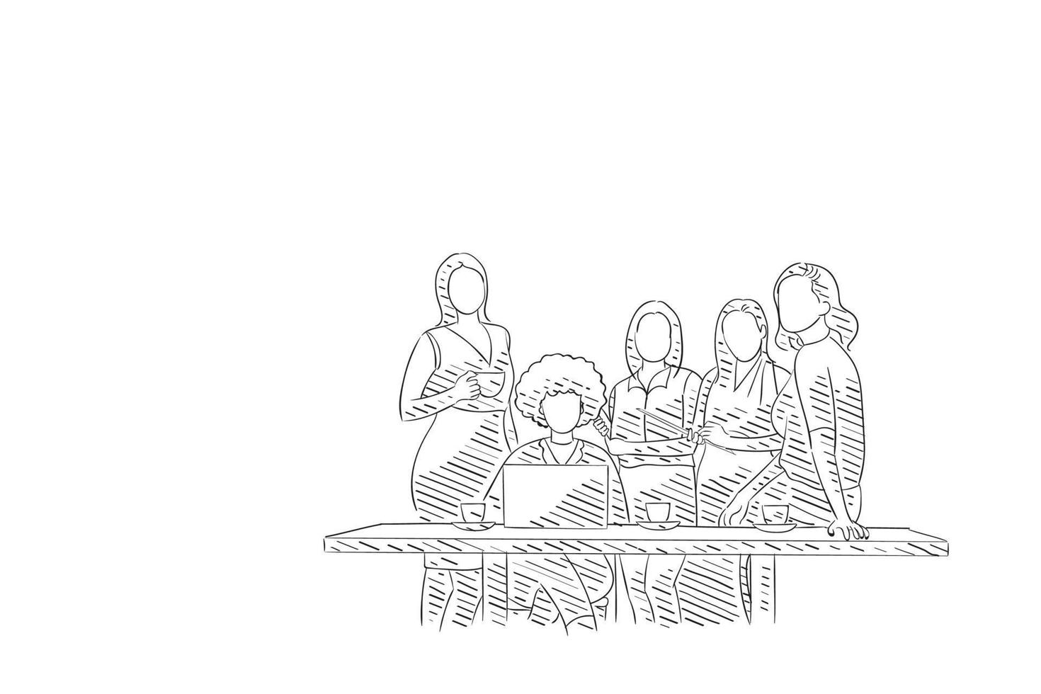 groupe de femmes jeunes, fortes et indépendantes posant ensemble. conception d'illustration vectorielle de croquis dessinés à la main. vecteur
