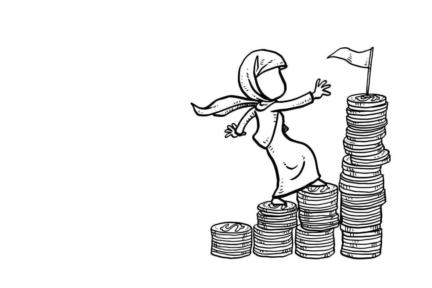 femme d'affaires musulmane asiatique étape grimpant sur la pile d'argent, atteignant le salaire idéal à la maison. conception d'illustration vectorielle dessinée à la main vecteur