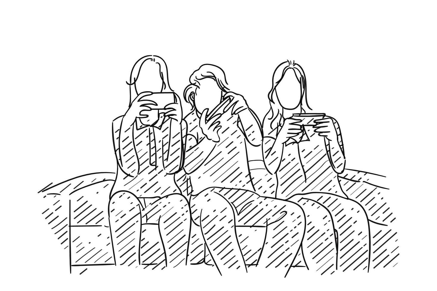 dessinés à la main de trois amies jouant au jeu mobile ensemble dans un canapé. concept de bon temps et traîner pour les femmes. conception d'illustration vectorielle vecteur