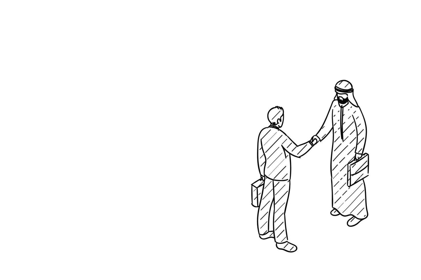 accord d'investisseur arabe avec un homme d'affaires européen. conception d'illustration vectorielle dessinée à la main vecteur