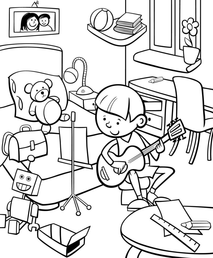 garçon jouant de la guitare dans sa chambre coloriage de dessin animé vecteur