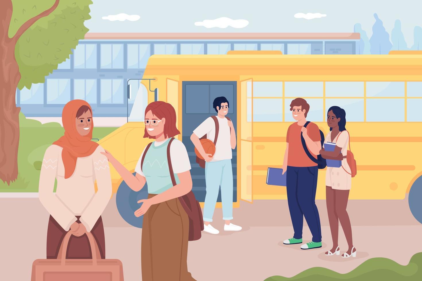 arrêt de bus scolaire avant le bâtiment du lycée illustration vectorielle de couleur plate vecteur