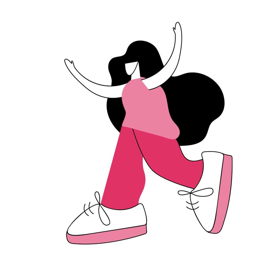 heureuse jeune femme de caractère mignon en pantalon large avec des promenades de cheveux noirs. illustration vectorielle plane colorée de personnes branchées. concept d'activité de plein air vecteur