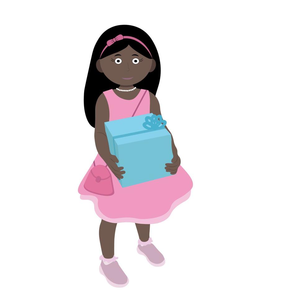 portrait d'une petite fille noire de dessin animé tenant une grande boîte-cadeau dans ses mains, isolée sur un vecteur blanc et plat