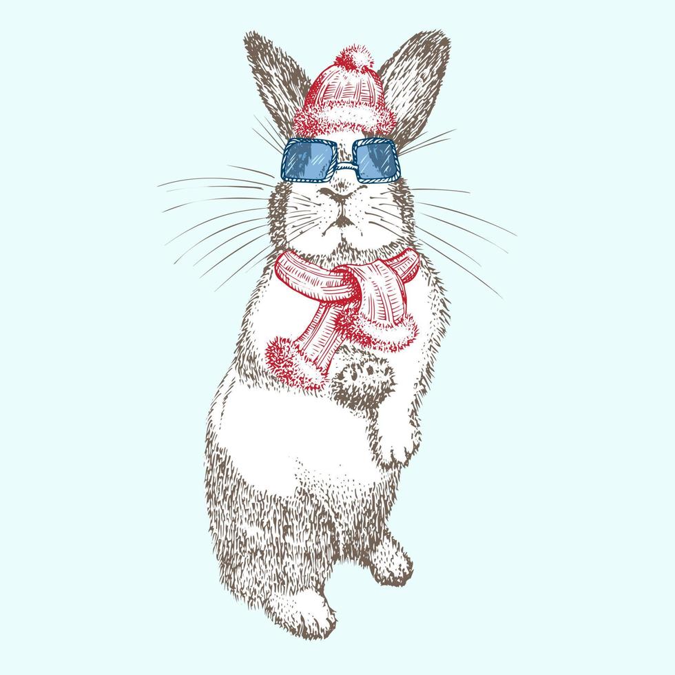 lapin dessiné à la main en chapeau d'hiver rouge, écharpe, lunettes de soleil. symbole de lapin nouvel an chinois 2023. décor de noël. l'art du tatouage. conception de style de gravure de croquis noir et blanc. vecteur