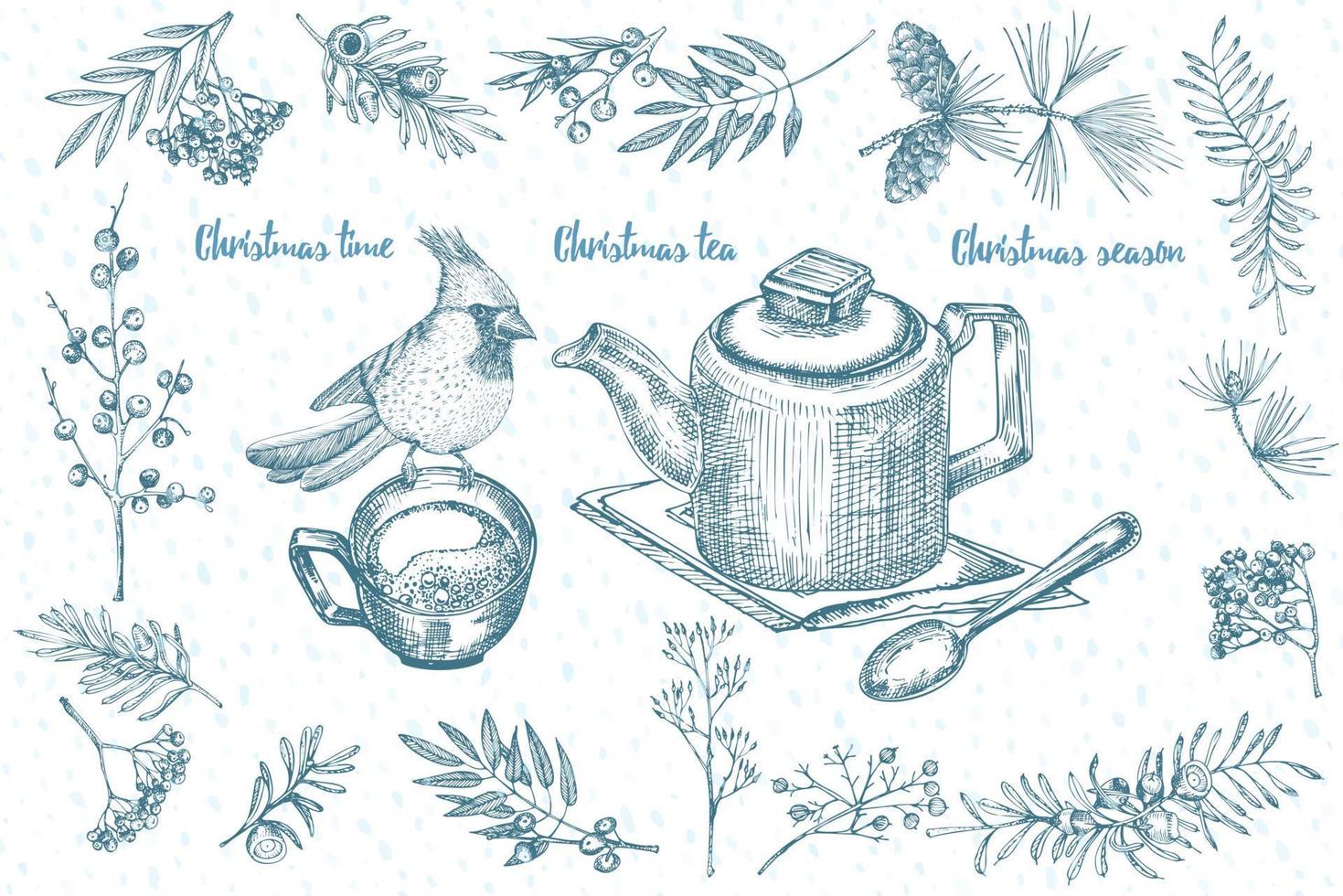 carte de plantes de noël croquis dessinés à la main avec des pommes de pin, des baies, des branches, des feuilles dans le style de gravure. décor de bordure à base de plantes vintage. décoration de noël rétro graphique de mariage bonjour, hiver. vecteur. vecteur