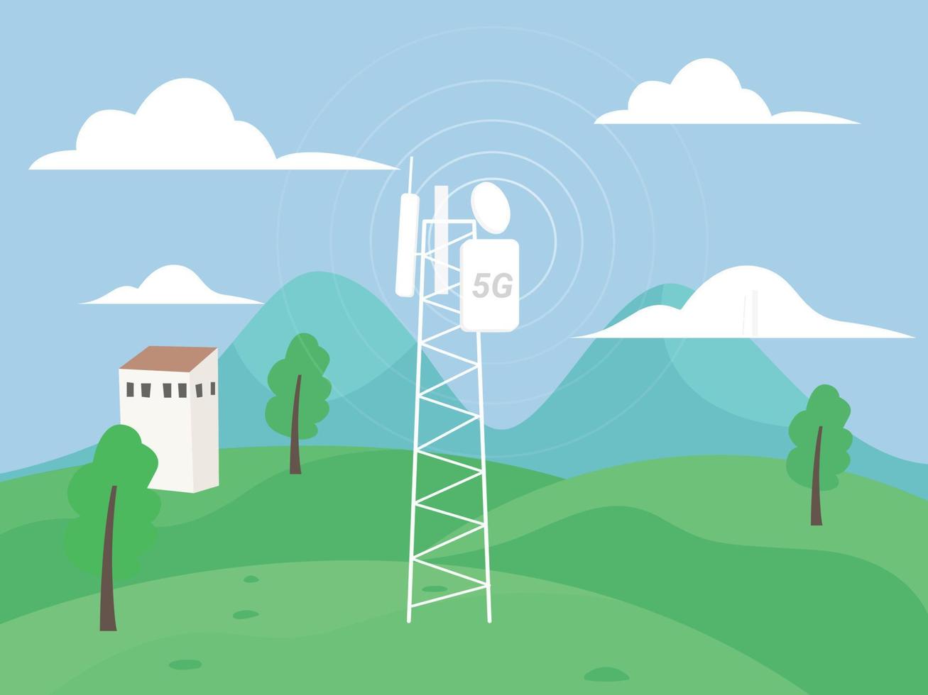 tour de télécommunication avec espace de copie sur le terrain, concept de connexion numérique sans fil 5g vecteur