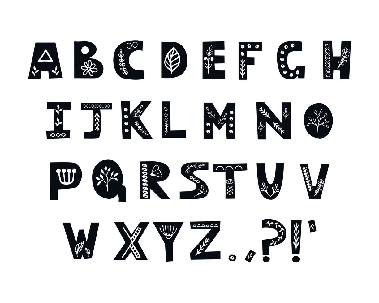 alphabet dessiné à la main dans un style tribal canadien. affiche de pépinière en noir et blanc avec des lettres dessinées à la main. élément de conception abc pour affiche, carte, bannière, flyer. vecteur