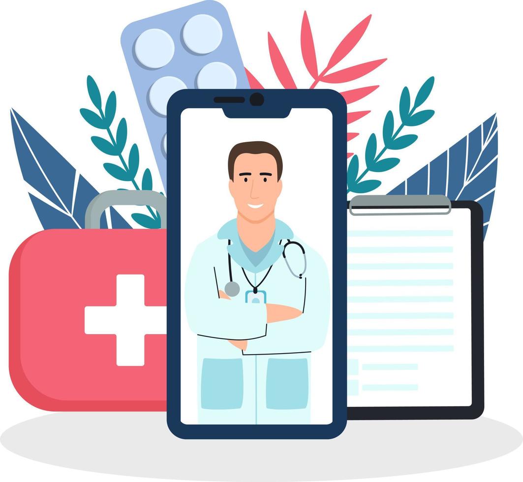 concept de médecin en ligne. consultation des patients via smartphone. assistance médicale en ligne. médecin en ligne. services de santé, consultez un médecin. vecteur