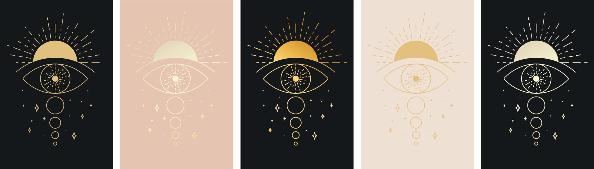 oeil qui voit tout avec jeu d'icônes de ligne de tatouage soleil et lune. symbole du troisième œil. illustration vectorielle vecteur