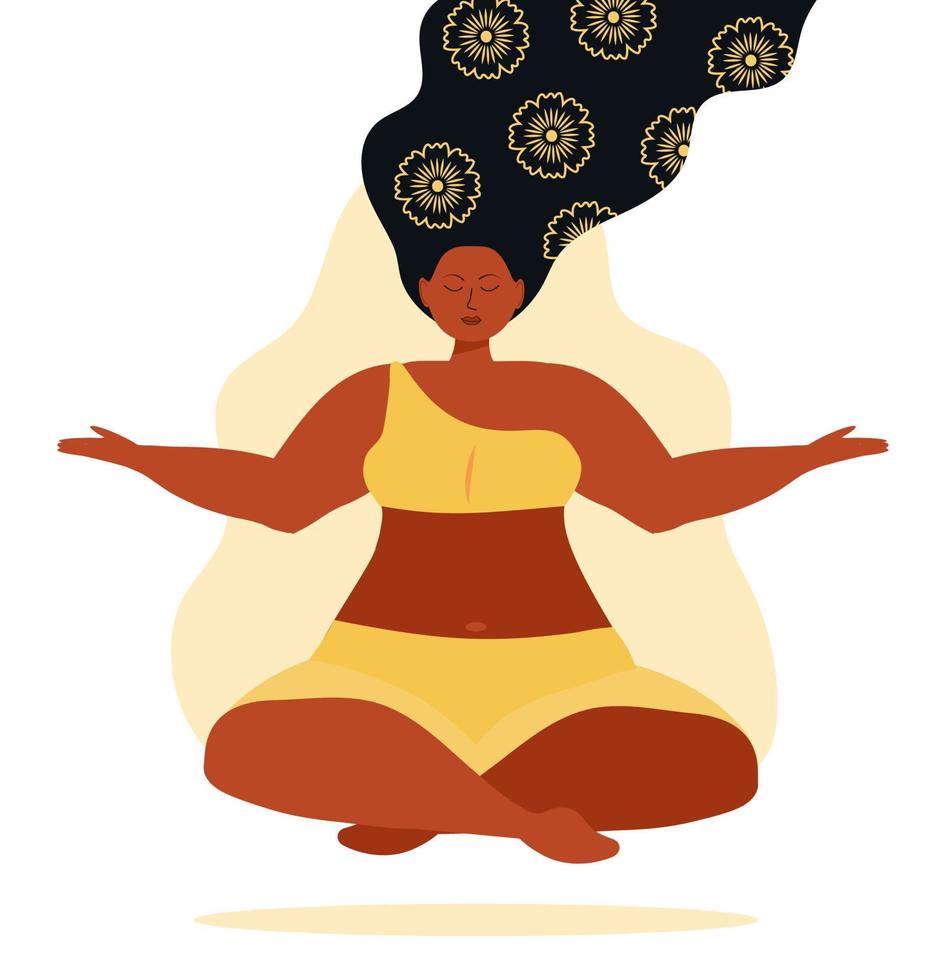 vecteur de concept de yoga. femme africaine ou indienne méditer. amélioration de soi, contrôle de l'esprit et des émotions, pratique du yoga zen relax concentration. la fille est assise en position du lotus.