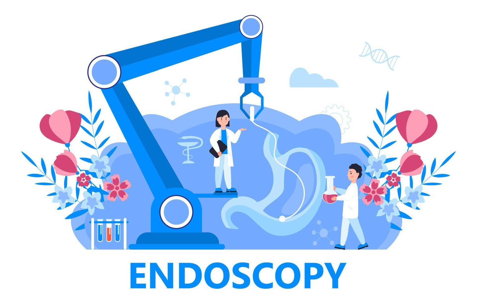 vecteur de concept de technologie de soins de santé d'endoscopie. de minuscules médecins font des recherches sur l'estomac. illustration de gastroentérologie pour le site web d'un blog médical