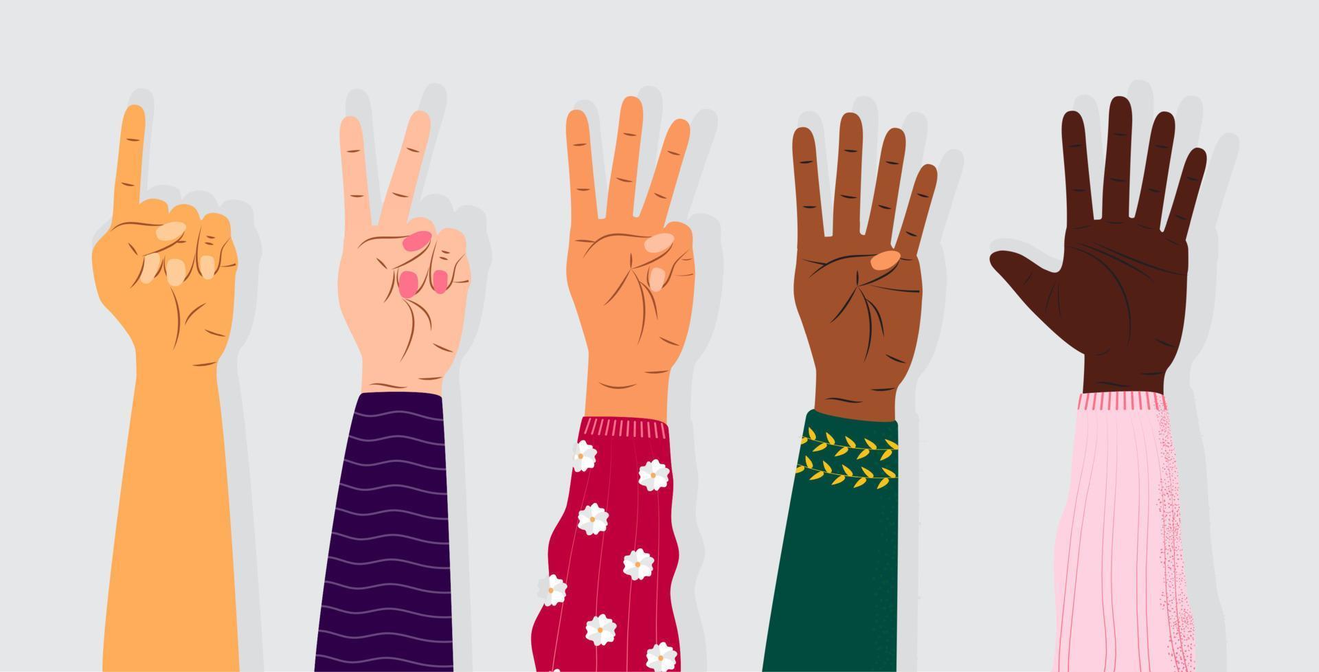 vecteur de signe de geste de la main. ensemble de compter sur les doigts. cinq icônes de poignet avec nombre de doigts en style cartoon. mains de personnes de races différentes.