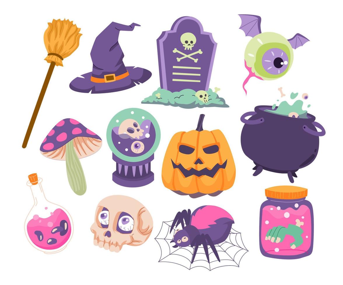 ensemble dessiné à la main d'éléments de caractère d'objets d'halloween, ensemble de collections d'illustrations vectorielles avec chauve-souris, oeil, cercueil, chapeau de sorcière, crâne, araignée, fantôme, balai, citrouille et pierre tombale vecteur