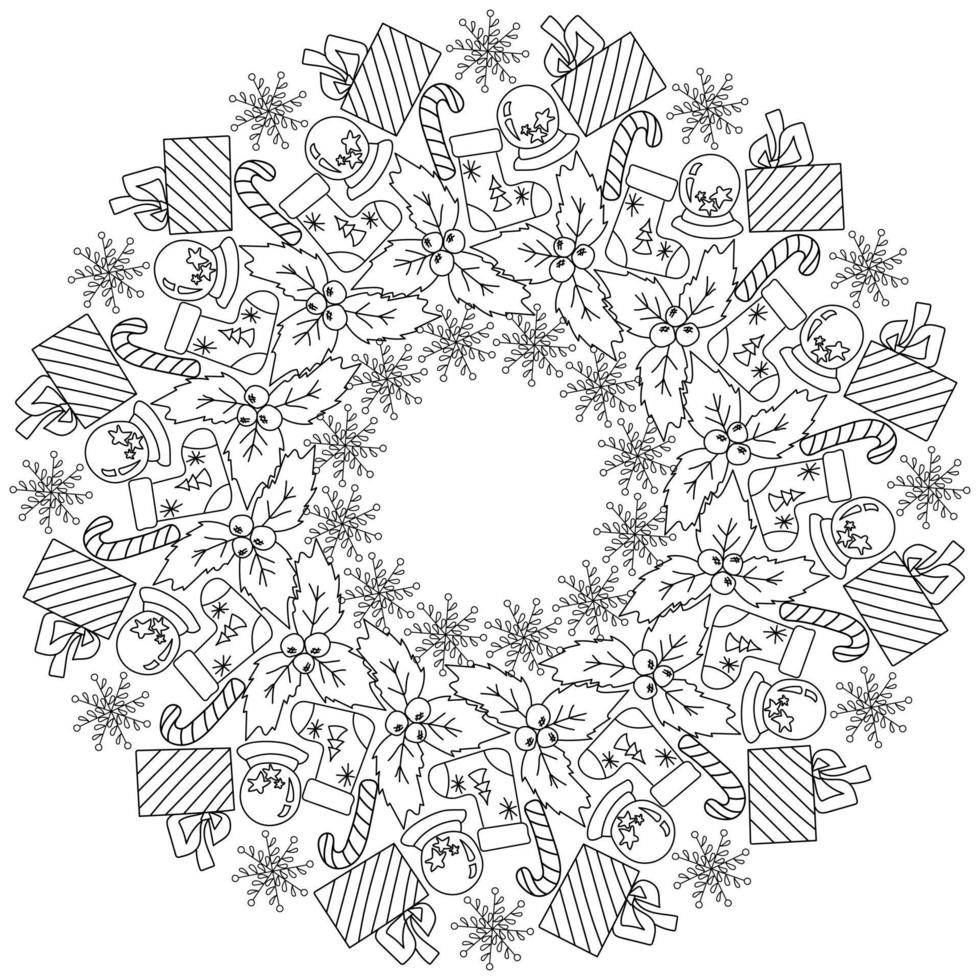 mandala zen de noël festif avec attributs d'hiver, cadeau avec arc, boule de houx et d'hiver, cercle doodles cadre coloriage antistress vecteur