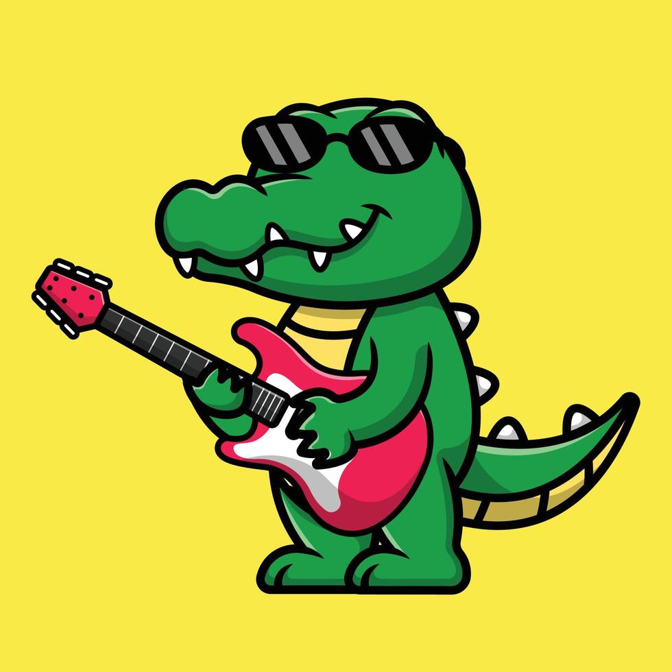 crocodile mignon jouant illustration d'icône de vecteur de dessin animé de guitare électrique. concept de dessin animé plat de musique animale