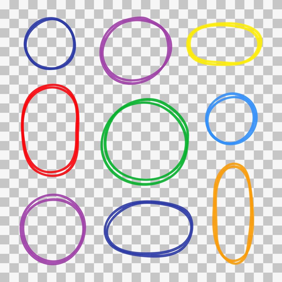 ensemble de cadres ronds esquissés colorés dessinés à la main isolés sur fond transparent. vecteur