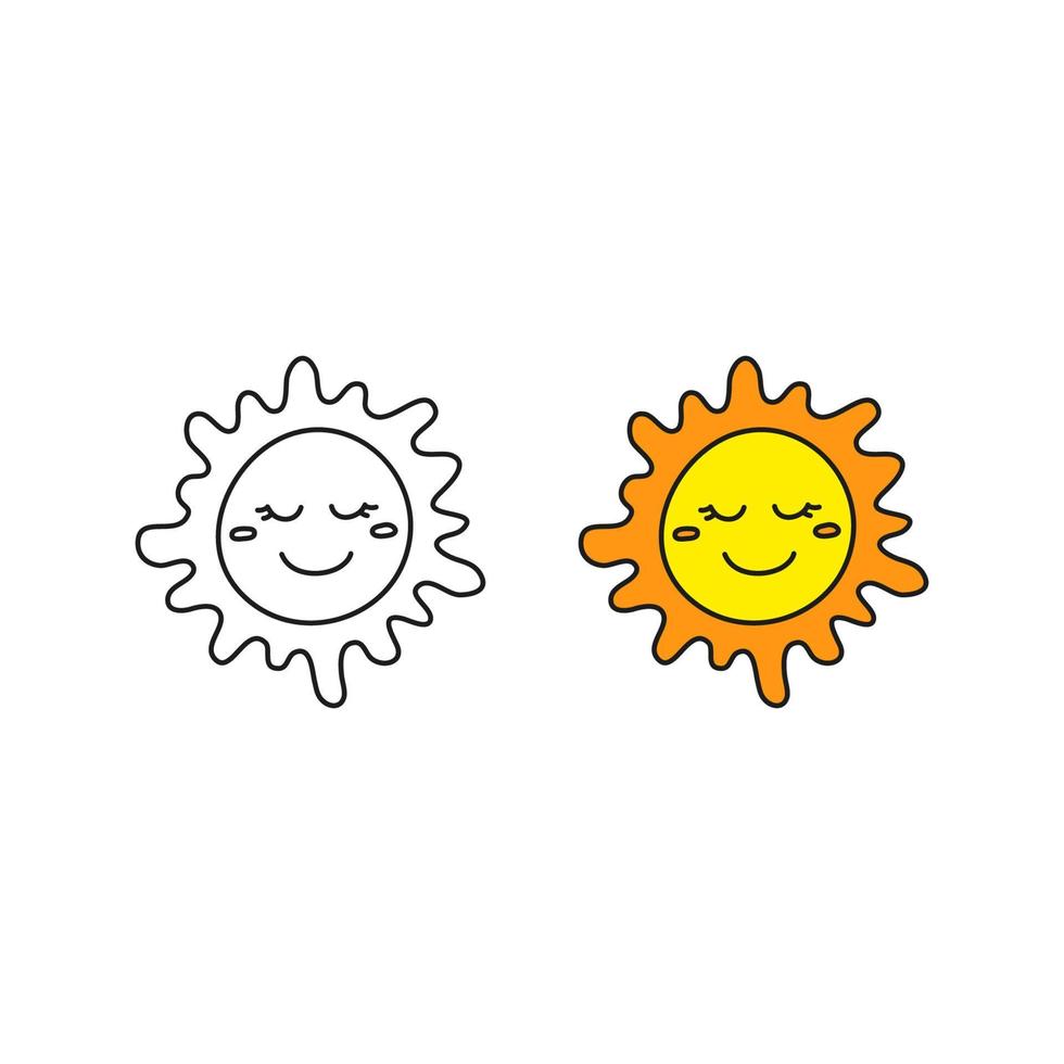 contour de doodle et icônes de soleil smiley heureux colorés isolés sur fond blanc. vecteur