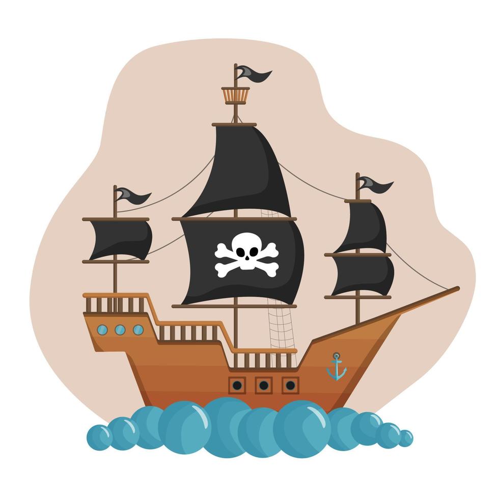illustration vectorielle plane avec un bateau pirate. peut être utilisé comme couverture, arrière-plan, image, économiseur d'écran. pour les fêtes et anniversaires d'enfants, quêtes, jeux. vecteur
