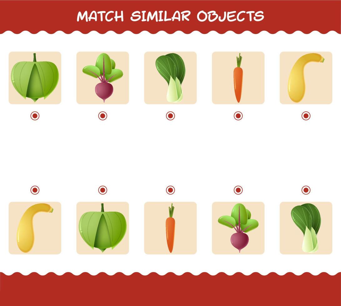 match similaire de légumes de dessin animé. jeu de correspondance. jeu éducatif pour les enfants d'âge préscolaire et les tout-petits vecteur