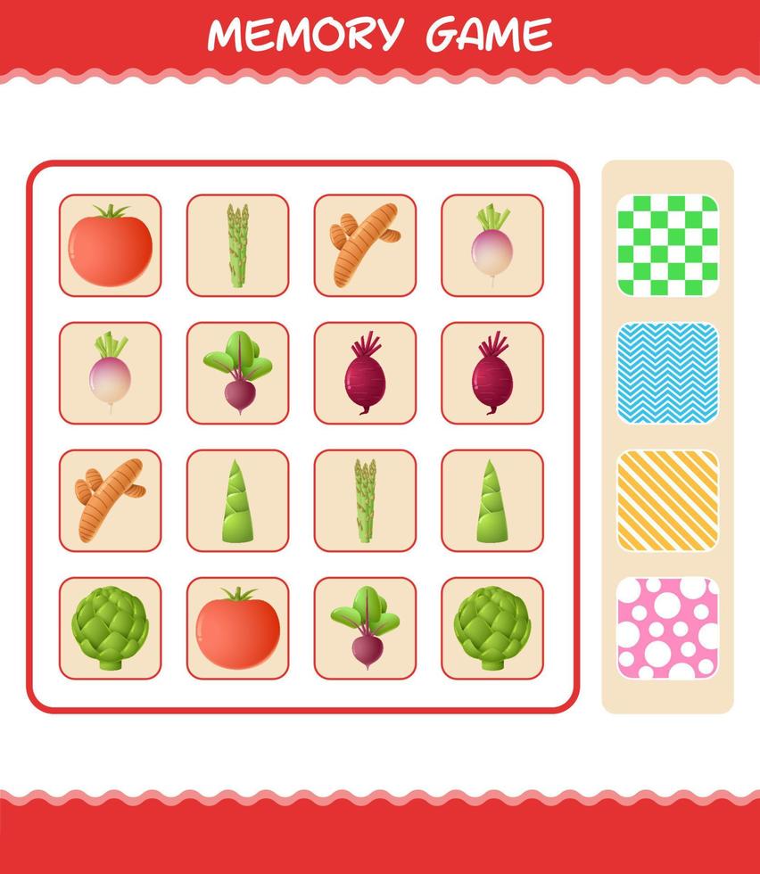 jeux de mémoire avec des légumes de dessin animé. jeu de cartes d'apprentissage. jeu éducatif pour les enfants d'âge préscolaire et les tout-petits vecteur