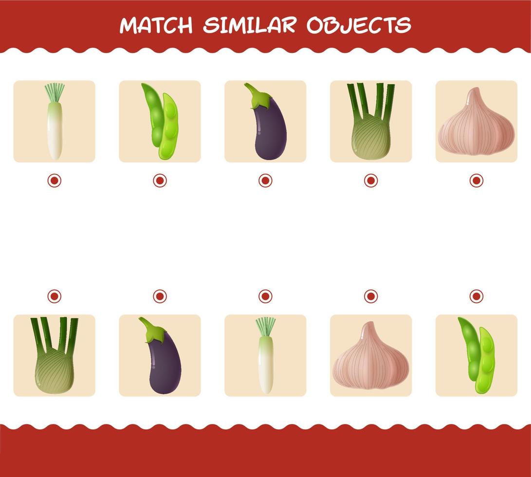 match similaire de légumes de dessin animé. jeu de correspondance. jeu éducatif pour les enfants d'âge préscolaire et les tout-petits vecteur