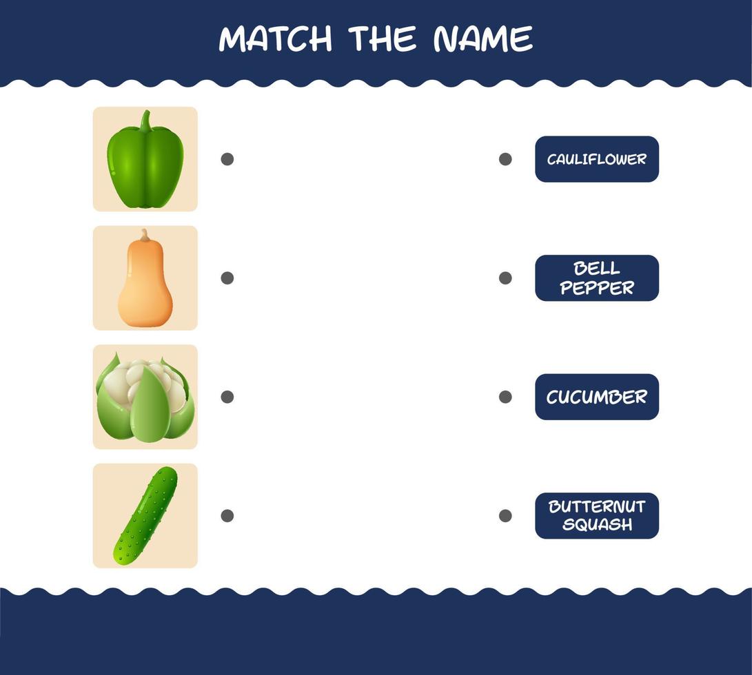 correspondre au nom des légumes de dessin animé. jeu de correspondance. jeu éducatif pour les enfants d'âge préscolaire et les tout-petits vecteur