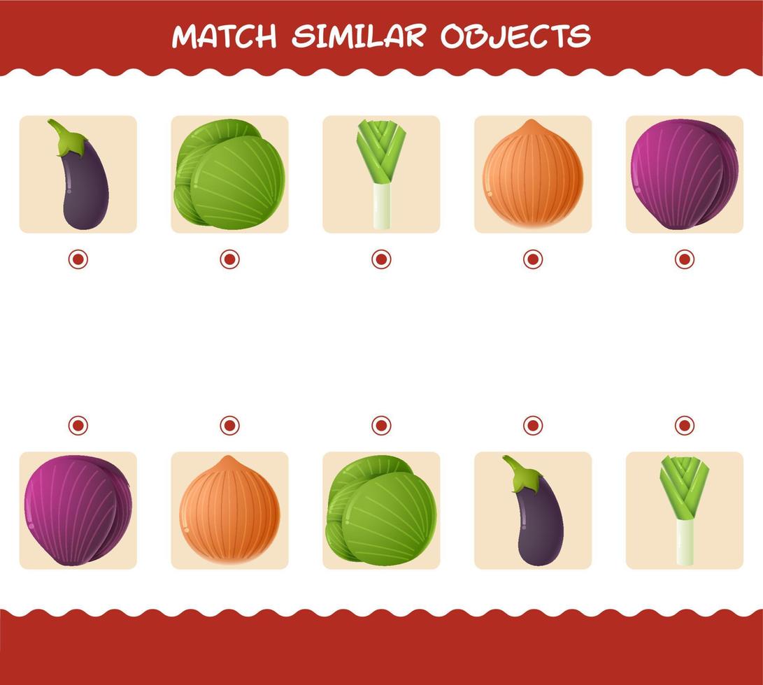 match similaire de légumes de dessin animé. jeu de correspondance. jeu éducatif pour les enfants d'âge préscolaire et les tout-petits vecteur