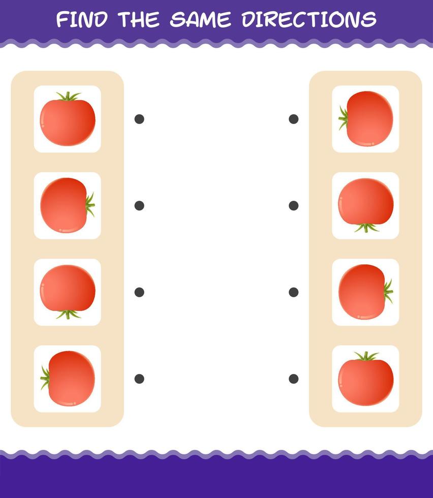 faire correspondre les mêmes directions de tomate. jeu de correspondance. jeu éducatif pour les enfants d'âge préscolaire et les tout-petits vecteur