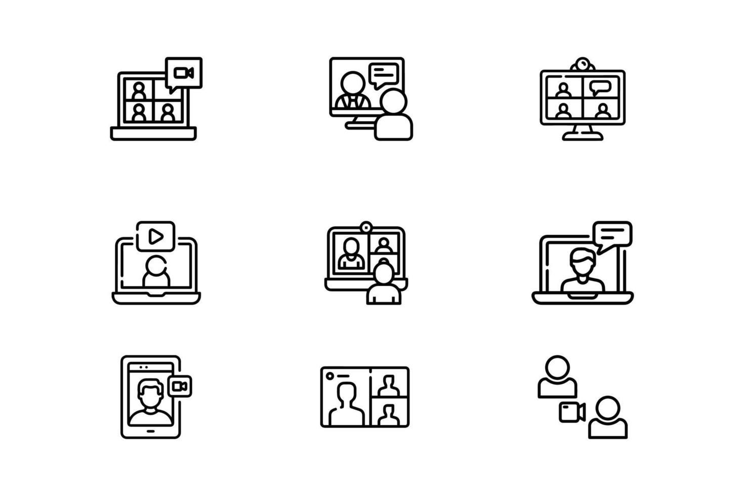 jeu d'icônes d'appel vidéo, style de contour simple vecteur