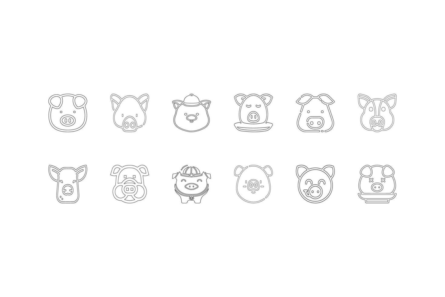 jeu d'icônes de tête de cochon, style de contour simple vecteur