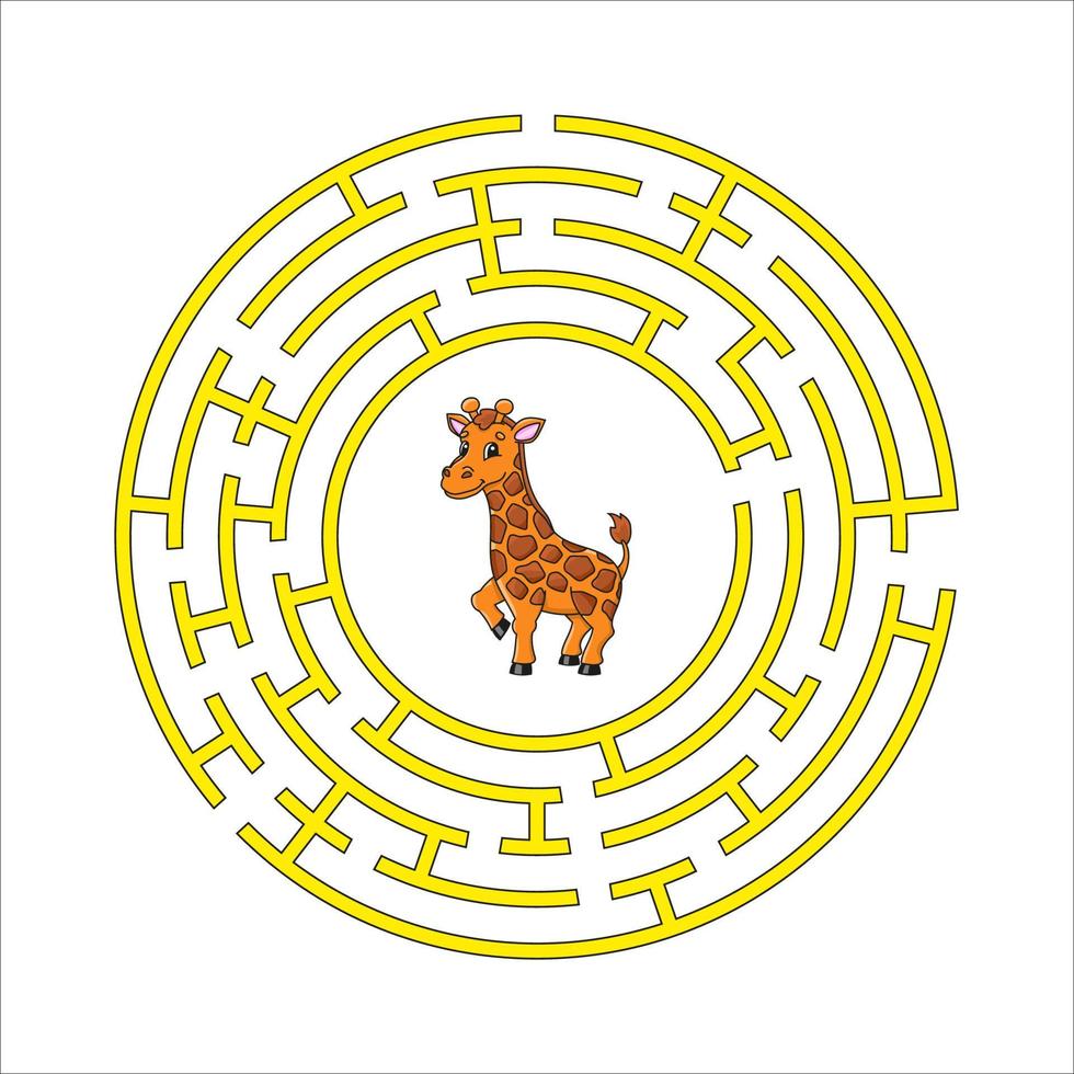 animal girafe. labyrinthe de cercle. jeu pour les enfants. casse-tête pour les enfants. énigme du labyrinthe rond. illustration vectorielle de couleur. trouver le bon chemin. feuille de travail de l'éducation. vecteur