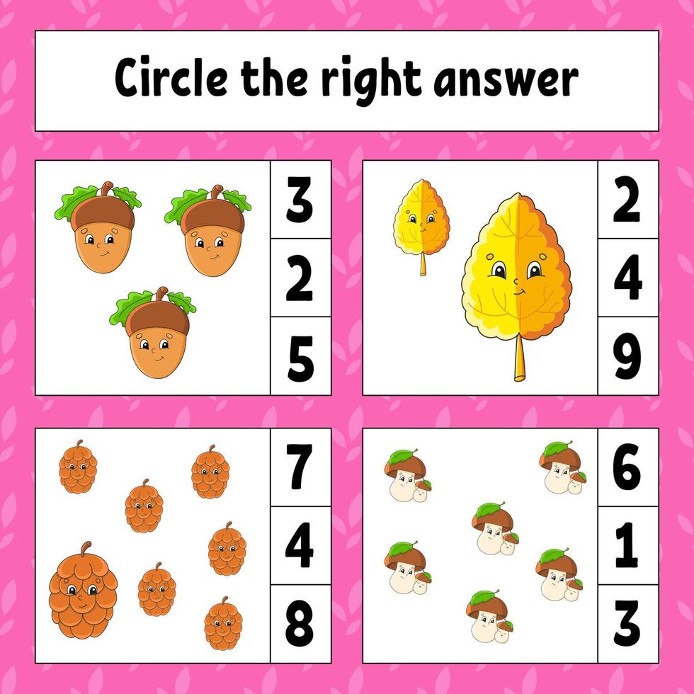 entourez la bonne reponse. feuille de travail de développement de l'éducation. page d'activité avec photos. jeu pour enfants. thème de l'automne. illustration vectorielle de couleur isolée. drôle de personnage. style bande dessinée. vecteur