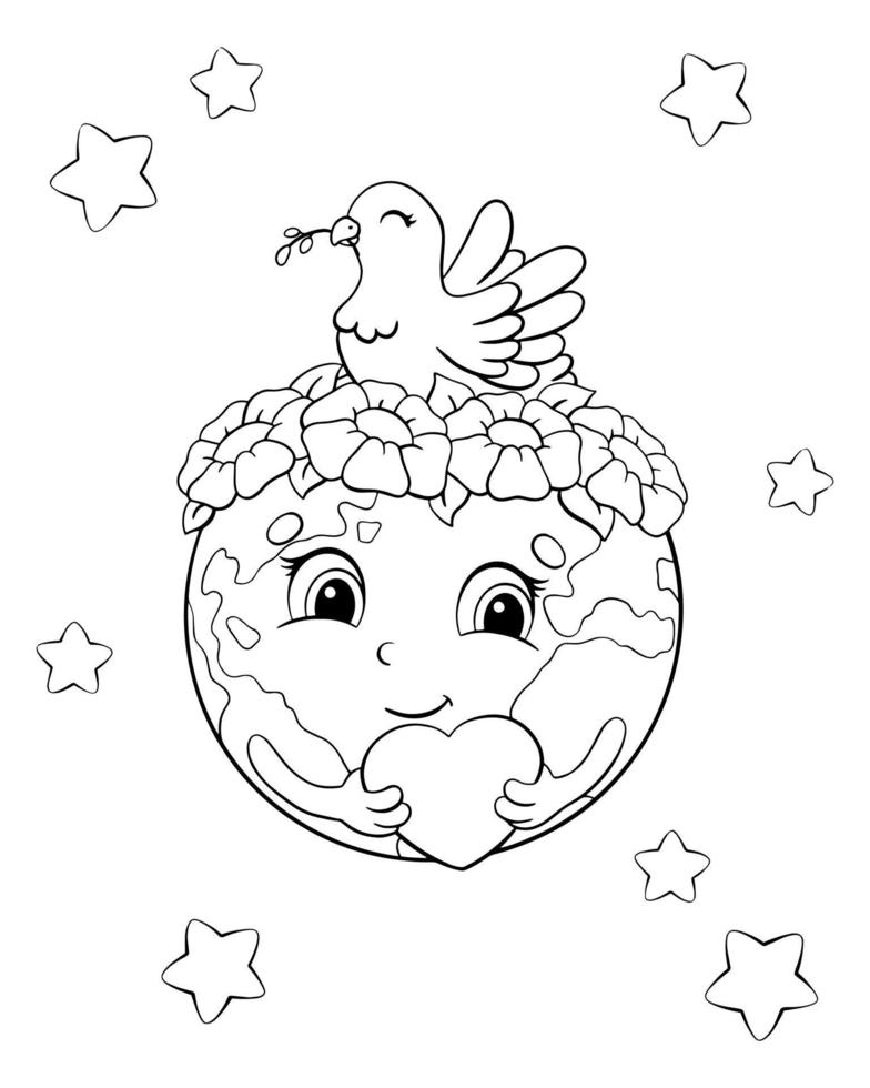 la jolie planète terre tient un coeur dans ses mains. sur la tête se trouve une couronne de fleurs et une colombe, symbole de paix. page de livre de coloriage pour les enfants. illustration vectorielle isolée sur fond blanc. vecteur