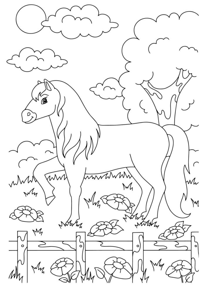 cheval mignon. animaux de ferme. page de livre de coloriage pour les enfants. style de bande dessinée. illustration vectorielle isolée sur fond blanc. vecteur