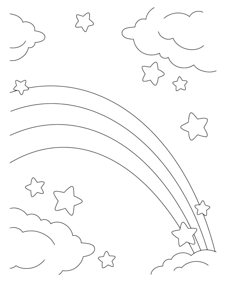 scène avec arc-en-ciel, nuage et étoiles. page de livre de coloriage pour les enfants. personnage de style dessin animé. illustration vectorielle isolée sur fond blanc. vecteur