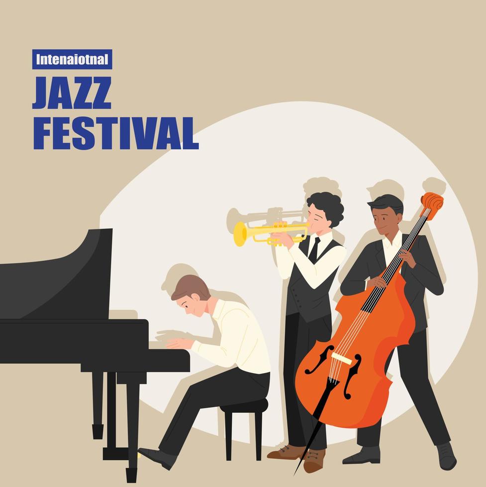 affiche du festival de jazz avec pianiste, bassiste et trompettiste. vecteur
