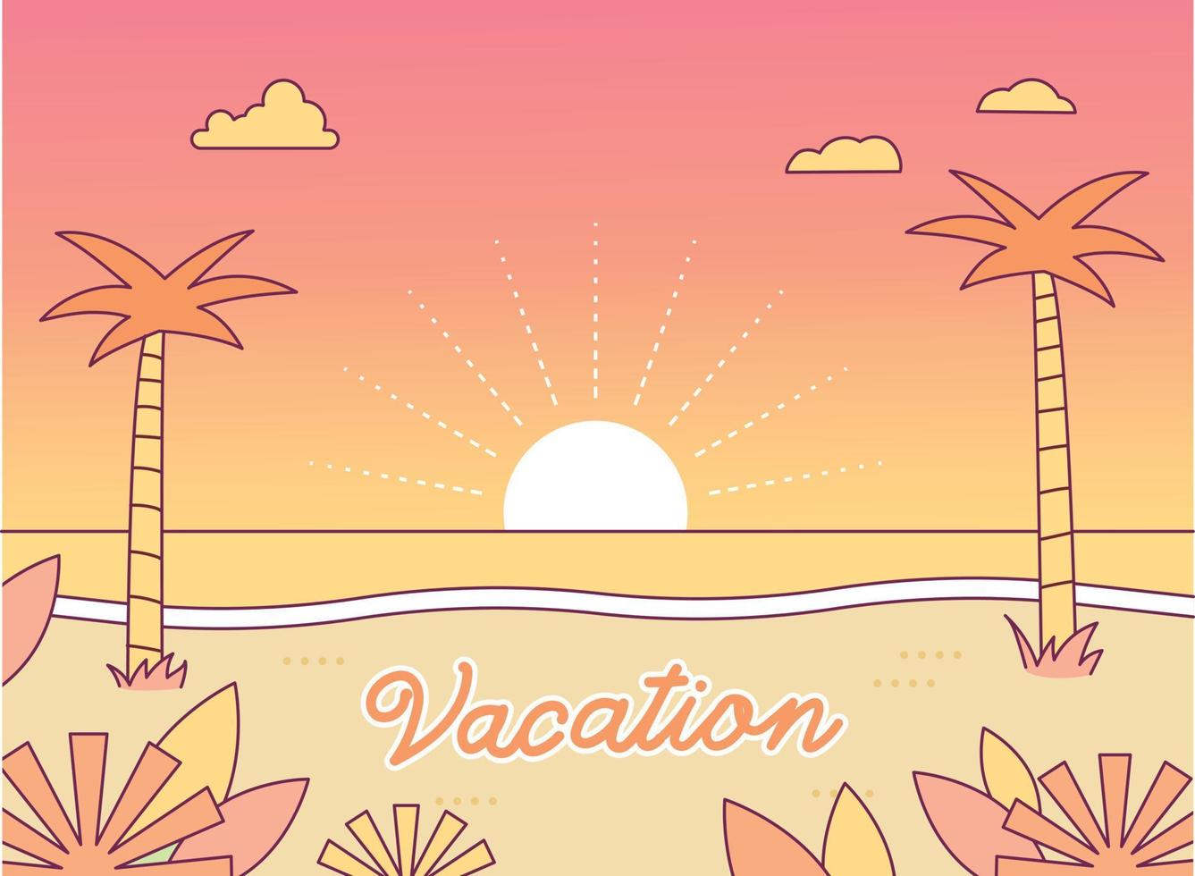 fond de station balnéaire. le soleil se lève sur l'horizon d'une île tropicale avec des palmiers et le ciel est orange. vecteur