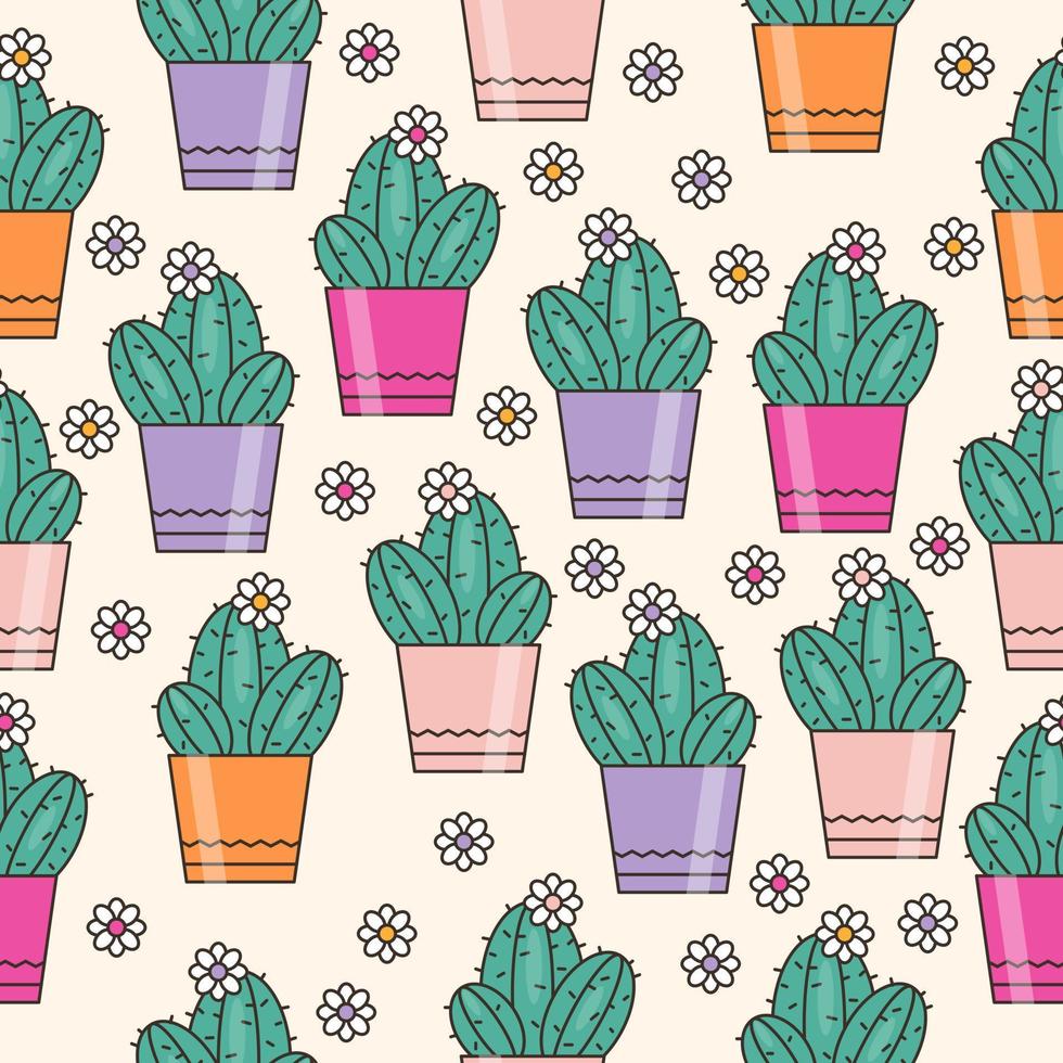 modèle vectorielle continue avec fond de plantes en pot mignon avec fleur et cactus vecteur