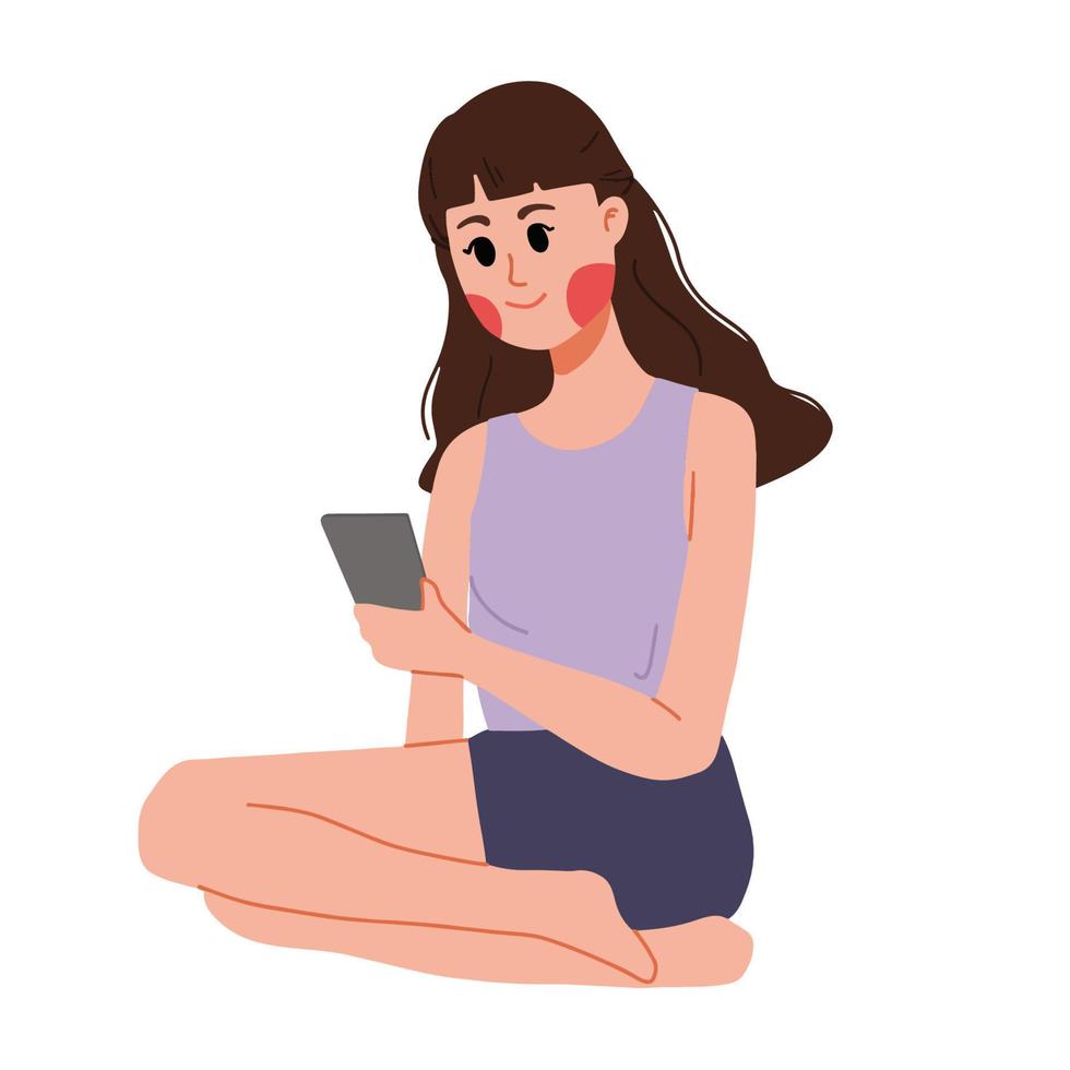 femme se détendant en jouant de son illustration de smartphone vecteur