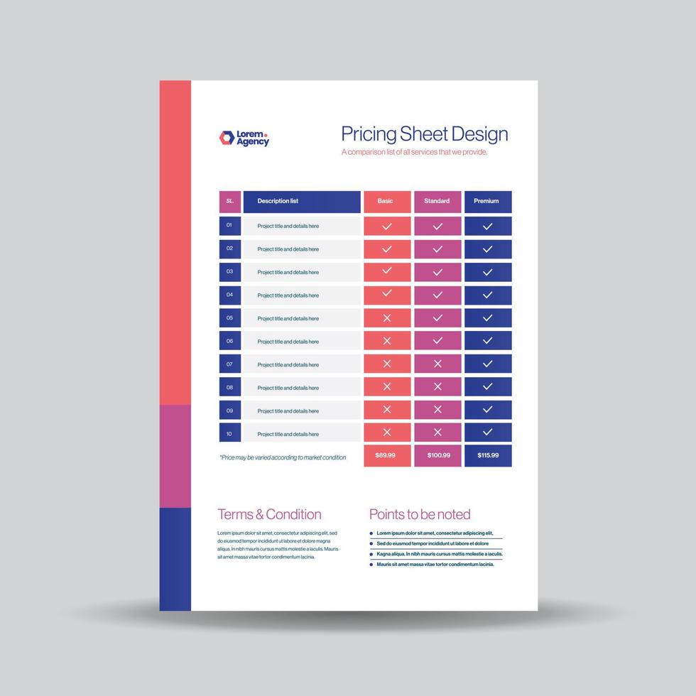 conception de feuille de prix, dépliant de coût ou comparaison de tableau de prix, conception de facture vecteur
