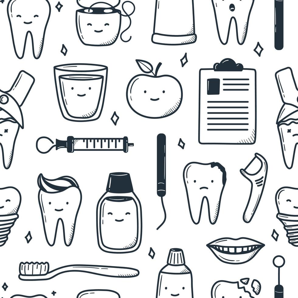 motif de dents kawaii dessiné à la main dans un style doodle. illustrations simples linéaires mignonnes. vecteur