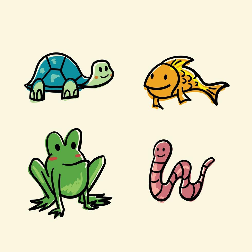 tortue, poisson, grenouille, ver mignon illustration vecteur