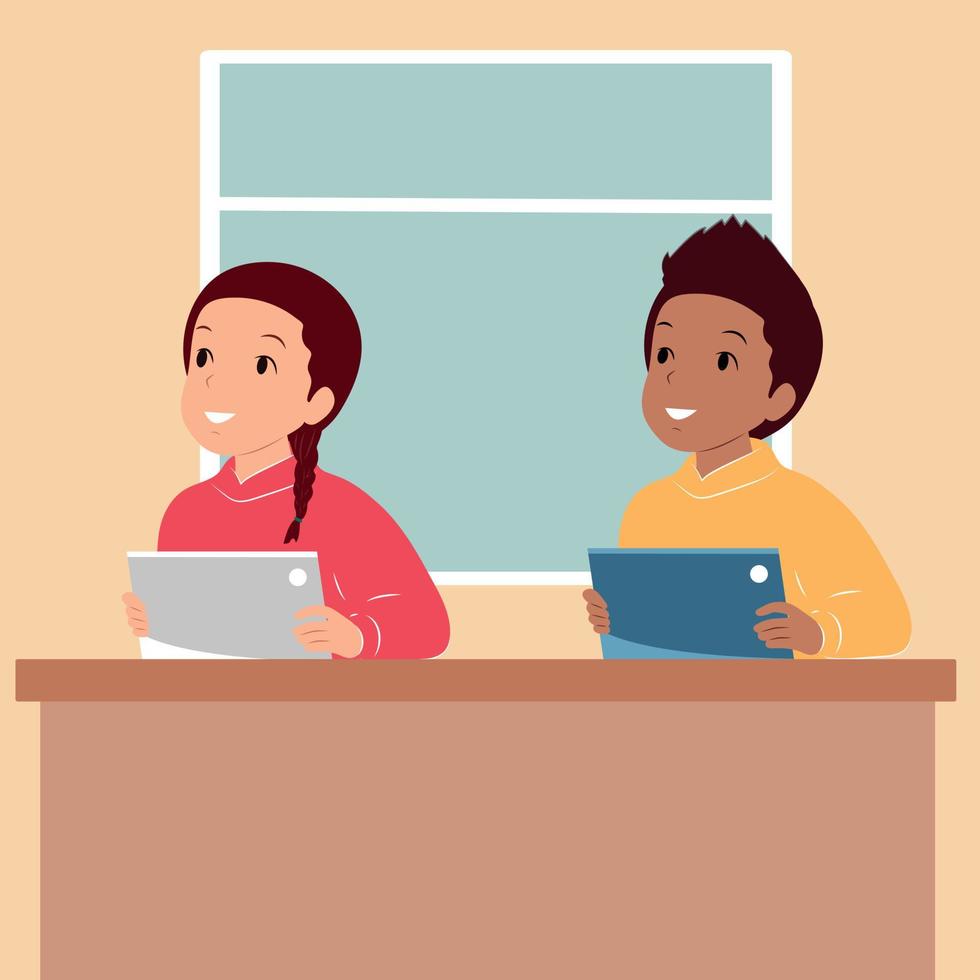 les étudiants garçons et filles sont assis à leur bureau avec des tablettes. illustration vectorielle plate. vecteur