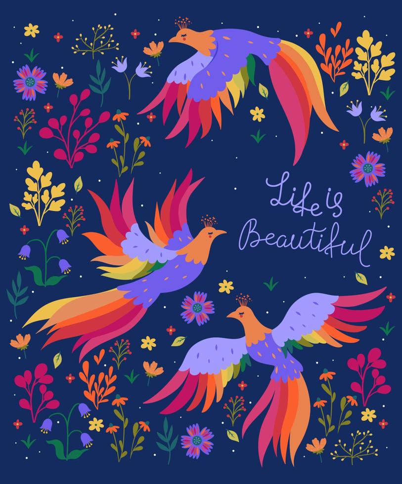 carte postale avec des oiseaux et des fleurs fantastiques et avec l'inscription la vie est belle. graphiques vectoriels. vecteur