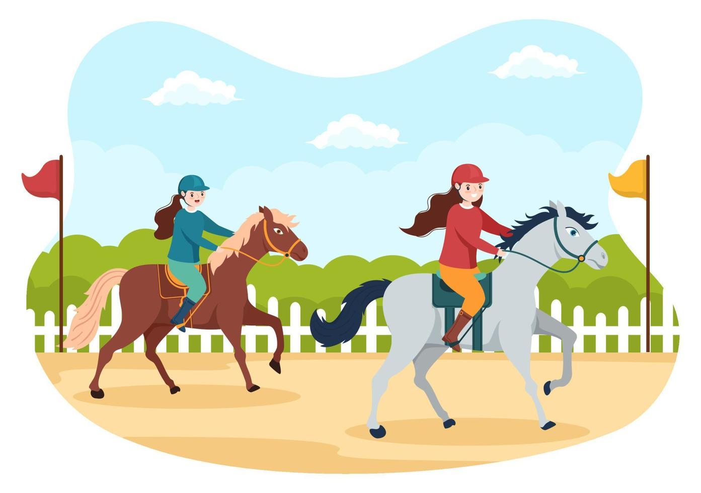 illustration de dessin animé de course de chevaux avec des personnages faisant des championnats sportifs de compétition ou des sports équestres dans l'hippodrome vecteur