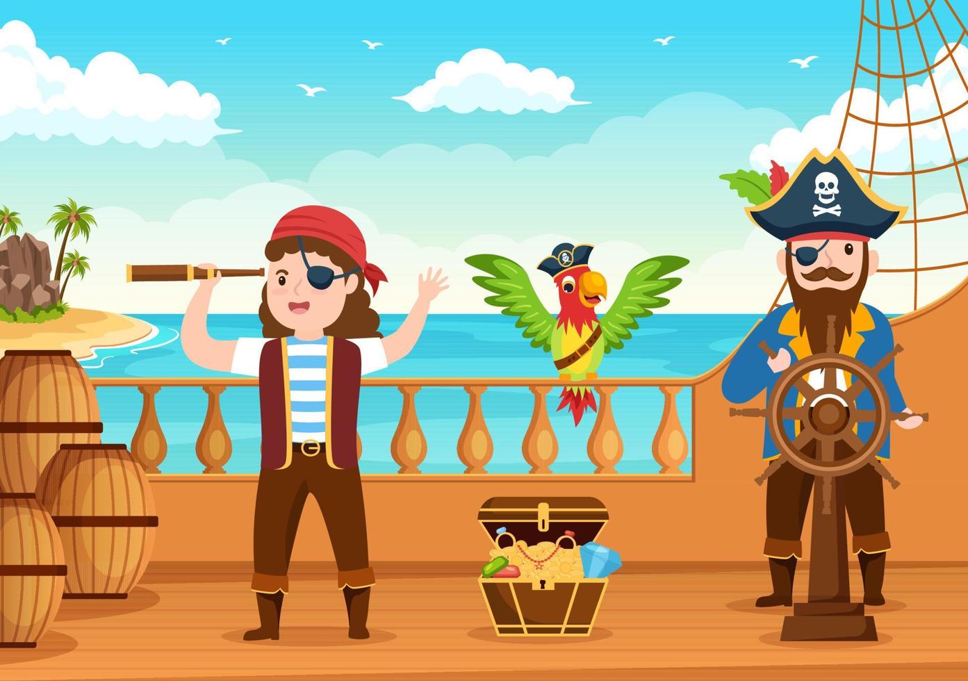 illustration de personnage de dessin animé mignon pirate avec roue en bois, coffre, caraïbes vintage, pirates et jolly roger sur un bateau en mer ou sur une île vecteur