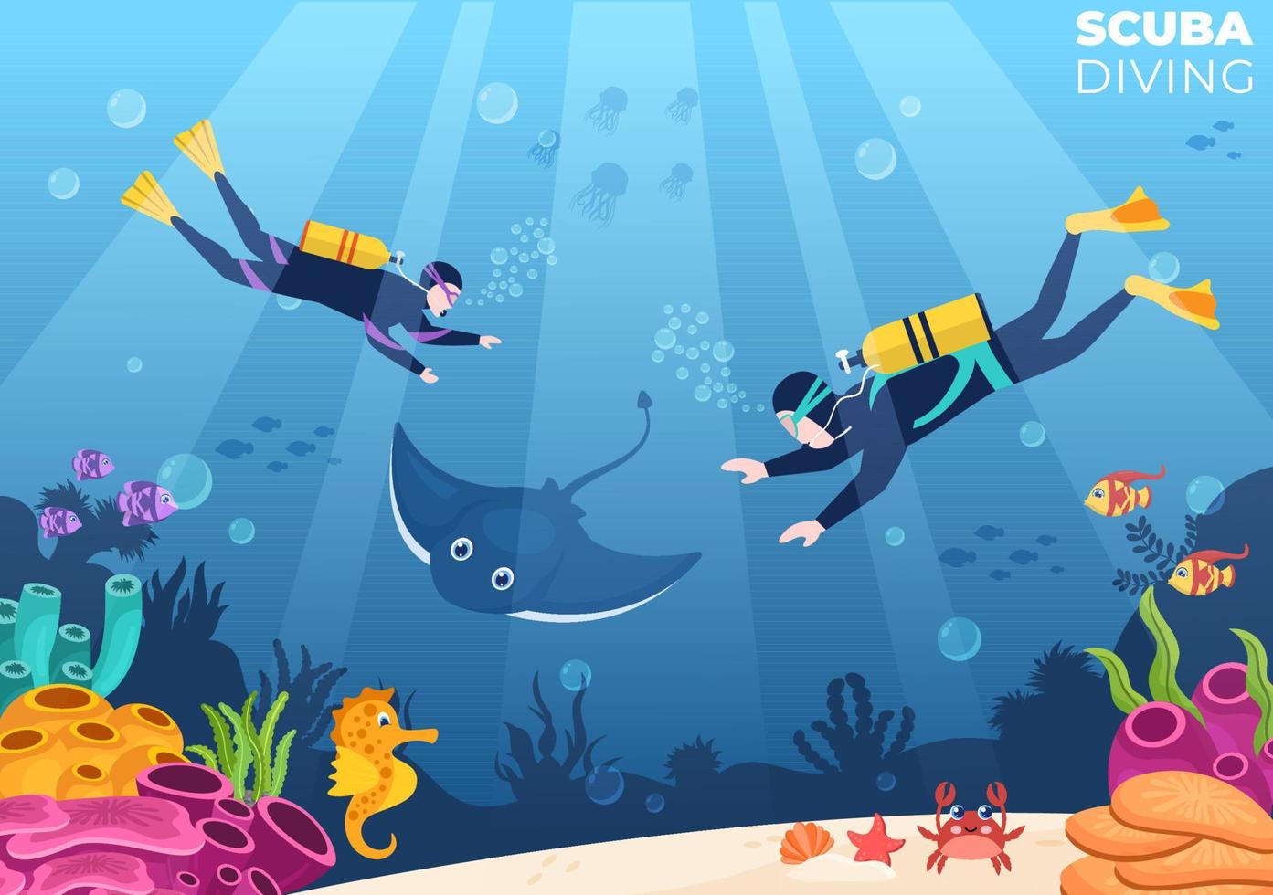 plongée sous-marine avec équipement de natation sous-marine pour explorer les récifs coralliens, la flore et la faune marines ou les poissons dans l'océan en illustration vectorielle de dessin animé plat vecteur