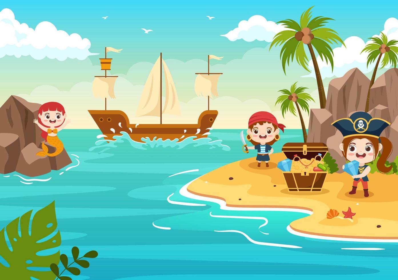 illustration de personnage de dessin animé mignon pirate avec roue en bois, coffre, caraïbes vintage, pirates et jolly roger sur un bateau en mer ou sur une île vecteur